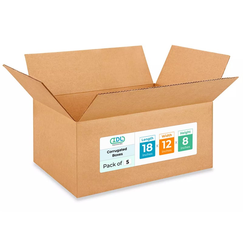IDL Packaging Medium Moving & Shipping Boxes 18 x 12 x 8 inches (5-Pack) - Extra Strength 200 lb - Kraft Corrugated Cardboard - Image 1